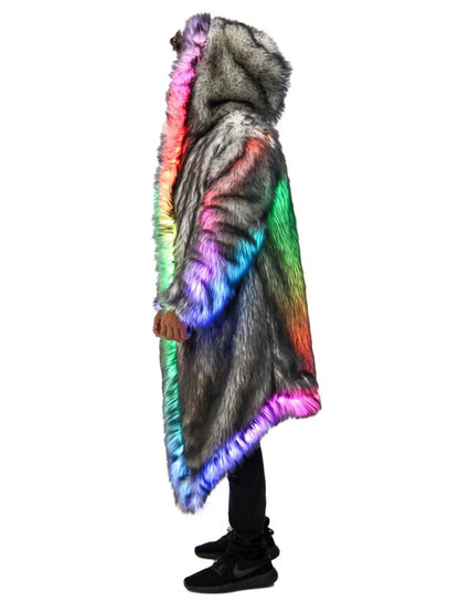 New LED Faux Fur Coat for Men Hooded Comfortable Thickened Winter Coat  Multi-Scene Personalized LED Stage Dance Party Costume