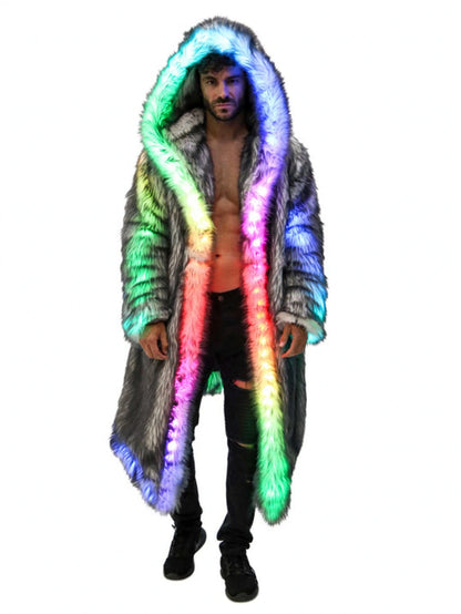 New LED Faux Fur Coat for Men Hooded Comfortable Thickened Winter Coat  Multi-Scene Personalized LED Stage Dance Party Costume