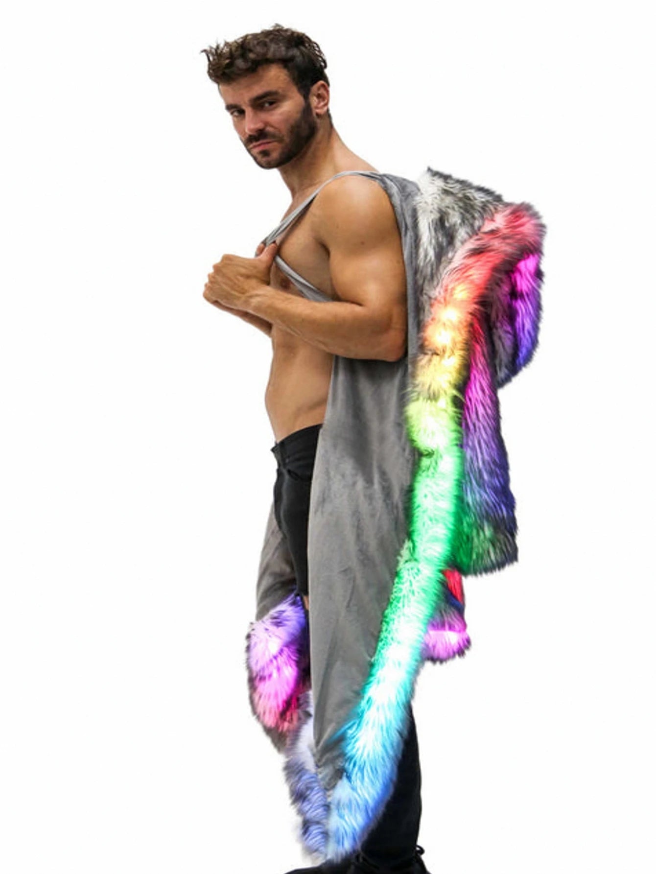 New LED Faux Fur Coat for Men Hooded Comfortable Thickened Winter Coat  Multi-Scene Personalized LED Stage Dance Party Costume